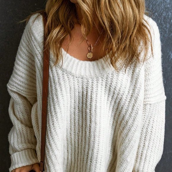 . Sweaters - White Casual Womens Solid Drop Shoulder Ribbed Knit Sweater